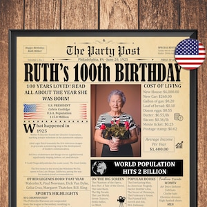 100th Birthday Newspaper Poster | Gift for Woman or Man | Back in 1925 Birthday Keepsake | 100th Birthday Decorations | 100 Years Ago