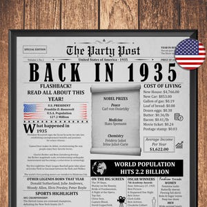 Póster de 90.º cumpleaños, cartel de periódico estadounidense de 1935, regalo de descarga digital para mujer u hombre, momentos destacados de 1935, decoración imprimible al instante.