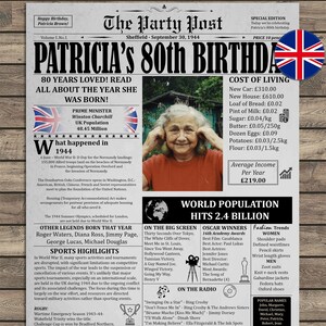 80th Birthday Printable Poster, Gift For Grandma or Grandpa, Personalized Newspaper Poster, 1944 in UK, Born in 1944 Poster, Party Decor