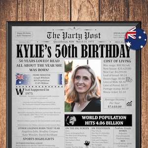 Personalized 50th Birthday Newspaper Poster | 50th Birthday Gift for Men or Women | Digital 50 Years Ago Printable Decor | 1975 in AUSTRALIA
