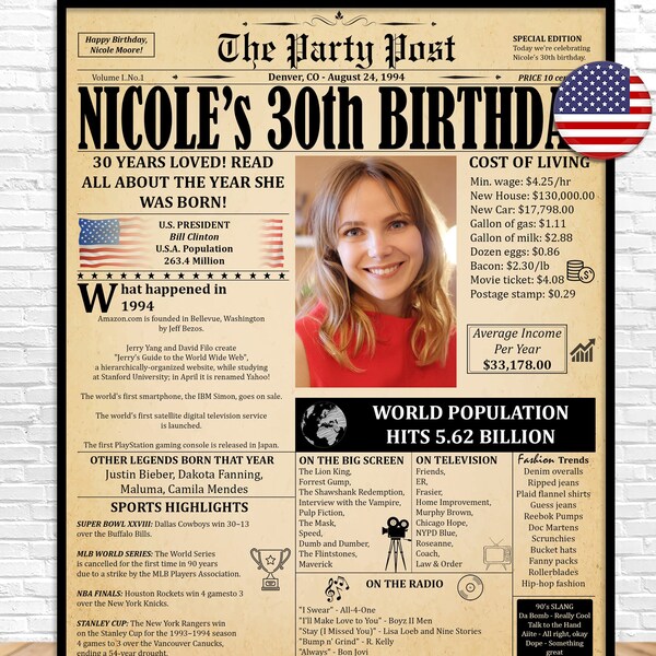 30th Birthday Poster, 1994 Newspaper, 30th Birthday Gift for Son Or Daughter, 30th Birthday Printable Decoration, Born in 1994, Turning 30