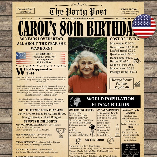 1944 80th Birthday Gift For Women Or Men, Born In 1944 In USA, 80th Birthday Newspaper Poster, What Happened 1944, 80 Years Ago Back In 1944