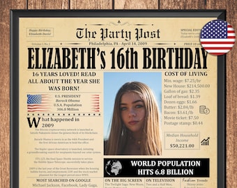 16th Birthday Gift For Boy Or Girl, Turning 16 Decoration Idea, Back in 2010 Personalized Newspaper Poster, Printable Keepsake Banner