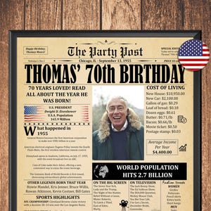 70th Birthday Gift For Grandpa or Grandma, 1955 Newspaper Poster With Fun Facts, Personalized Birthday Article, Turning 70 Years Old Party