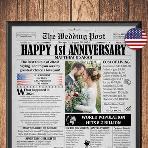 One Year Wedding Anniversary Gift, 1st Anniversary Newspaper Fun Facts, Paper Anniversary Personalized Poster For Husband Or Wife, 1 Year