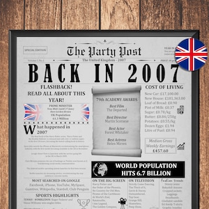 Cartaz de aniversário de 18 anos no Reino Unido, Nascido em 2007, Placa de festa para impressão, Presente para download instantâneo para menino ou menina adolescente, Jornal Flashback com fatos divertidos
