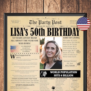50th Birthday Poster, 1975 Newspaper, Personalized Gift For 50th Birthday, Gift For Men Or Women, 50th Birthday Printable Decorations