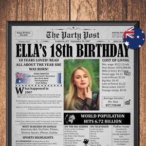 2007 18th Birthday Gift For Girls Or Boys, Born 2007 In Australia, 18th Birthday Newspaper Poster, 2007 Fun Facts, 18 Years Ago Back In 2007