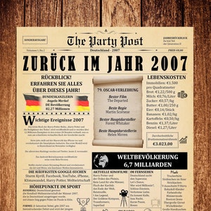 Afiche de periódico para el 18.º cumpleaños, 2007 en Alemania, regalo para el 18.º cumpleaños de un niño o una niña, momentos destacados de 2007, decoración única para el 18.º cumpleaños