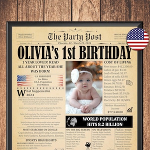 1st Birthday Personalized Poster For Son Or Daughter, Keepsake Article For 1 Year Old, Vintage Newspaper With Fun Facts, 1st Birthday Decor