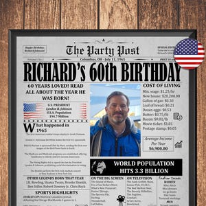 60th Birthday Newspaper Poster, 1965 in USA, 60th Birthday Gift for Men or Women, Back in 1965 Highlights, Unique 60th Birthday Party Decor