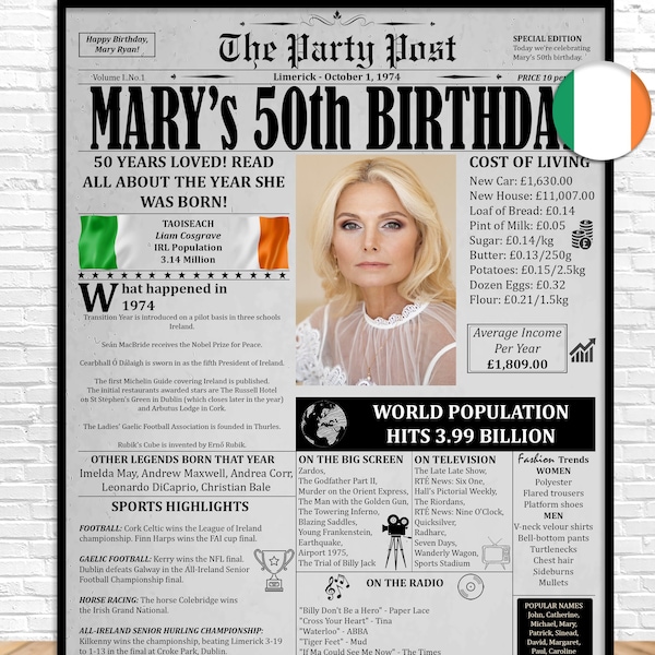 1974 IRELAND, 50th Birthday Poster, 50th Birthday Card, Personalized Gift For Men And Women, 50th Birthday Printable Newspaper, Irish Facts