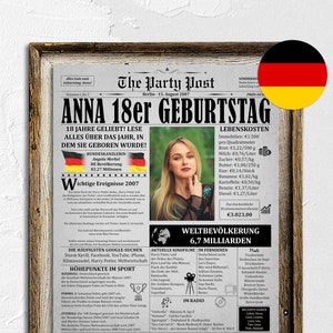 18. Geburtstagsgeschenk für Jungen oder Mädchen | 2007 in Deutschland – Artikel | Personalisiertes Zeitungsposter voller lustiger Fakten