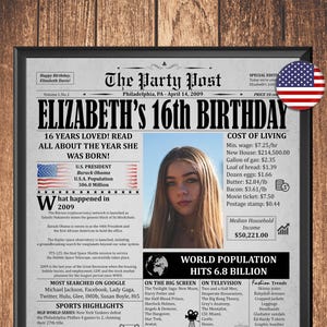 Personalized 16th Birthday Gift For Boys or Girs, 16th Birthday Newspaper Poster, 16th Birthday Printable Decor, 16 Years Ago Back In 2009