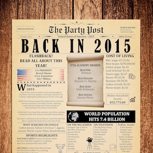 Zeitungsposter 2015 zum 10. Geburtstag, Geschenk für Jungen oder Mädchen zum 10