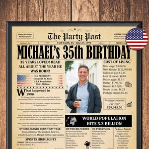 Personalized 35th Birthday Newspaper Poster | 35th Birthday Gift for Men or Women | 35 Years Ago Printable Decor | Back in 1990 Article