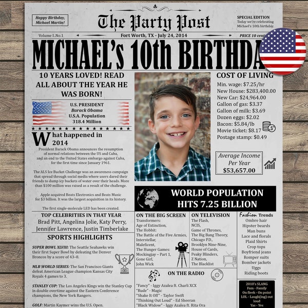 Personalized 10th Birthday Gift For Boys or Girls, 10th Birthday Newspaper Poster, 10th Birthday Printable Decor, Kid Birthday, Back In 2014