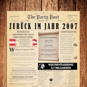 Cartaz de aniversário de 18 anos, Áustria, 2007, presente para download instantâneo para menino ou menina, destaques de jornais de 2007, decoração para festa de 18 anos para impressão