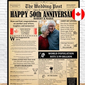 50th Wedding Anniversary Gift For Parents, Printable Poster For Mum And Dad, 50 Years Of Marriage, 1974 in Canada, Personalized Newspaper