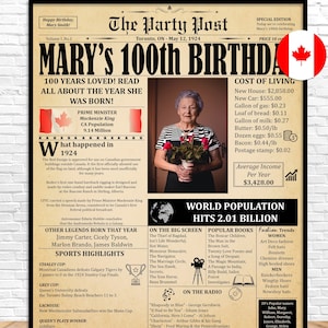 100th Birthday Newspaper Poster, 100th Birthday Gift For Women Or Men, Born 1924 in Canada, 100 Years Ago Back In 1924, Personalized Decor