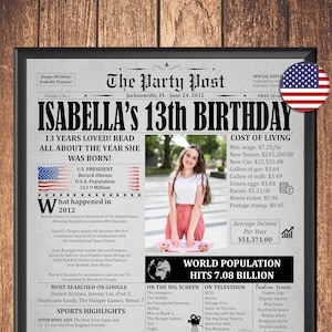 2012 13th Birthday Gift For Girl Or Boy Born 2012 In The USA, 13th Birthday Newspaper Poster, What Happened 2012, 13 Years Ago Back In 2012