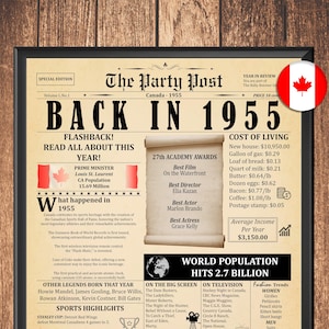 Cadeau du 70e anniversaire pour femme ou homme, 1955 au Canada, affiche de journal d'anniversaire imprimable avec anecdotes amusantes, idée déco de fête du 70e anniversaire