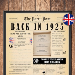 100e verjaardag krantenposter, uniek cadeau voor vrouw of man, terug in 1925 aandenken, 100e verjaardagsversieringen, 100 jaar geleden in VK