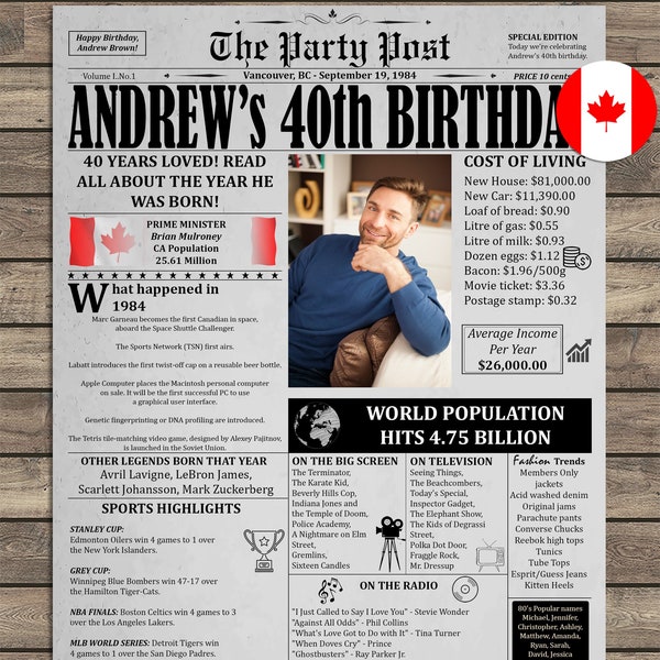 40th Birthday Gift For Men or Women, 1984 in CANADA, Personalized 40th Birthday Newspaper Poster, 40th Birthday Printable Decor, Gift Ideas