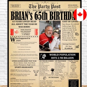 65th Personalized Poster, 1959 Newspaper, 65th Birthday Gift For Men Or Women, Printable Birthday Decorations, 1959 In Canada, Born In 1959