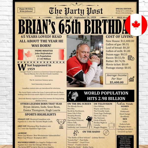 Affiche personnalisée du 65e, Journal de 1959, Cadeau d'anniversaire pour homme ou femme, Décorations d'anniversaire à imprimer, 1959 au Canada, Né en 1959