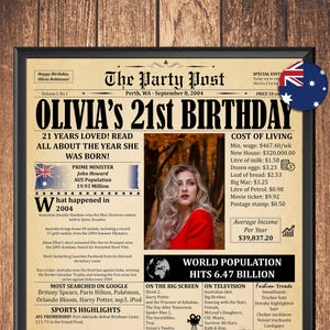 21st Birthday Gift, 2004 in Australia, Newspaper Poster With Fun Facts, Personalized Gift For Boy or Girl Turning 21, 21 Party Decoration