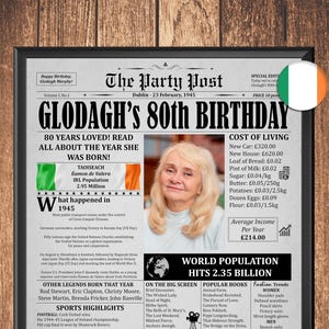 80th Birthday Poster, Gift For Man Or Woman, 1945 in IRELAND, Personalized Birthday Newspaper With Fun Facts For Grandma or Grandpa