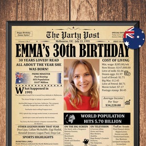 Personalized 30th Birthday Newspaper Poster | 30th Birthday Gift for Men or Women | Digital 30 Years Ago Printable Decor | 1995 in AUSTRALIA