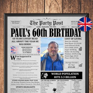 Personalized 60th Birthday Newspaper Poster | 60th Birthday Gift for Men or Women | Digital 60 Years Ago Printable Decor | Back in 1965 UK
