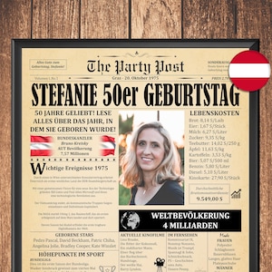50th Birthday Newspaper Poster, 1975 in Austria, 50th Birthday Gift for Men or Women, Back in 1975 Highlights, Unique 50th Birthday Decor
