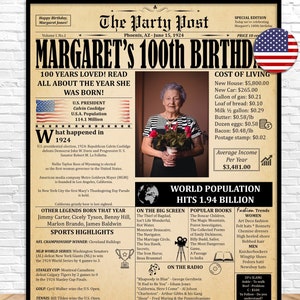 1924 100th Birthday Gift For Women Or Men, Born 1924 In USA, 100th Birthday Newspaper Poster, What Happened 1924, 100 Years Ago Back In 1924