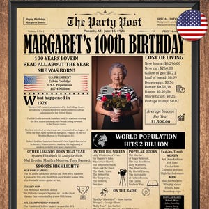 100th Birthday Newspaper Poster: 1926 Gift (Digital Download)