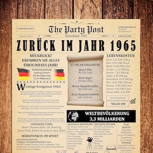 60 Geburtstag Zeitung Poster, 1965 in Deutschland, Geschenk zum 60 Geburtstag für Männer oder Frauen, Zurück in 1965 Highlights, Einzigartige 60 Geburtstag Dekoration