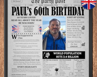 Personalized 1966 UK Newspaper 60th Birthday Poster (Digital Download)