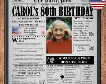 80th Birthday Newspaper Poster – Born 1946 USA | Personalized Printable Keepsake