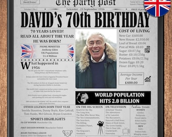 70th Birthday Newspaper Poster, UK 1956, Milestone Gift (Digital Download)