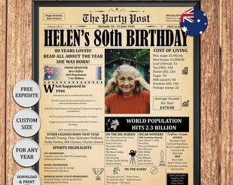 1946 Australia Newspaper Poster - Personalized 80th Birthday Gift Grandma Grandpa : Digital