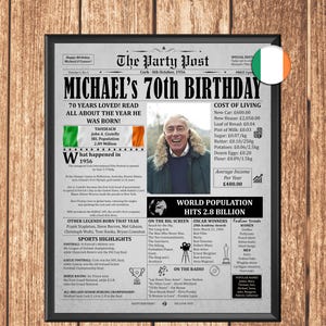 1956 Ireland Newspaper Poster - Personalised 70th Birthday Gift : Digital Keepsake