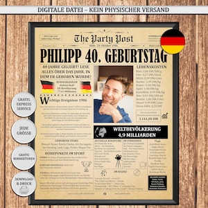 Personalisiertes Geschenk zum 40. Geburtstag (Jahrgang 1986) für Männer und Frauen. Ein gelbes Vintage-Zeitungsposter in schwarzem Rahmen auf rustikalem Holzhintergrund. Inklusive Service-Badges für Express-Bearbeitung.