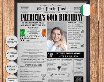 60th Birthday Gift Ireland - Born in 1966 Newspaper Poster, Personalised 60th Party Decor