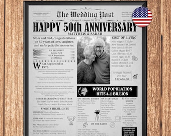 50th Golden Wedding Anniversary Gift for Parents - 1976 USA Newspaper Poster : Party Decor