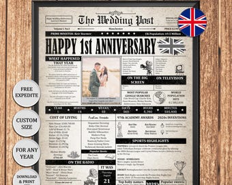 Personalized 1st Wedding Anniversary Newspaper Poster - Custom UK Paper Gift, Married 2025 Digital