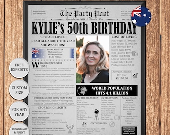 1976 Birthday Poster Australia, Newspaper Style Personalised 50th Milestone Gift, Digital Print