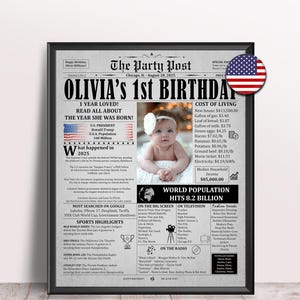 1st Birthday Party Decor Boy Girl - Turning One Sign : 2025 USA Newspaper Poster
