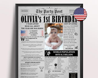 1st Birthday Party Decor Boy Girl - Turning One Sign : 2025 USA Newspaper Poster